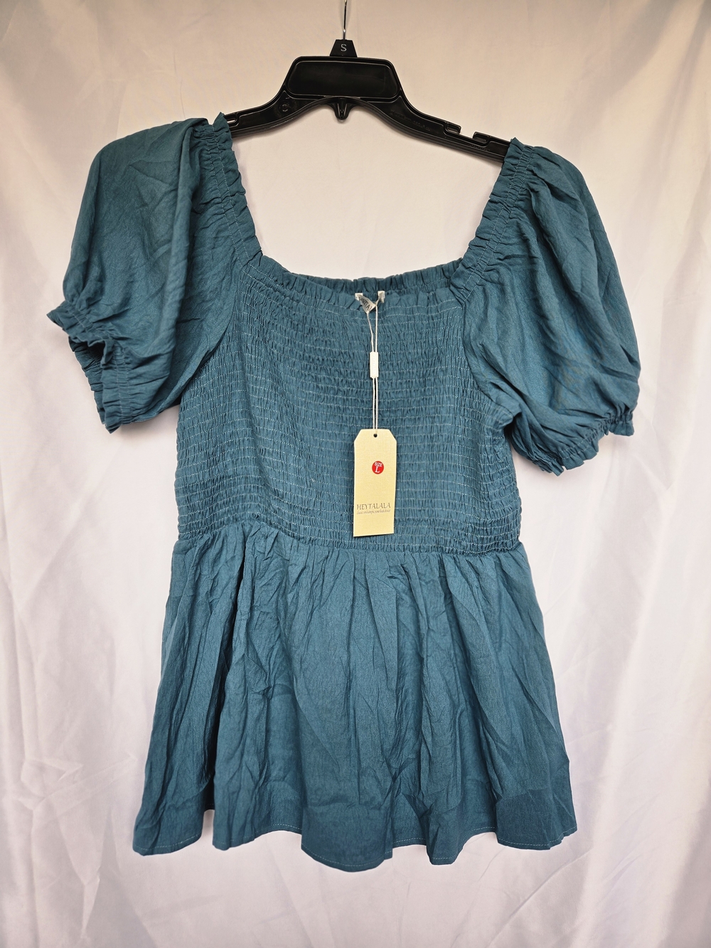 Teal Blue Smocked Peasant Blouse